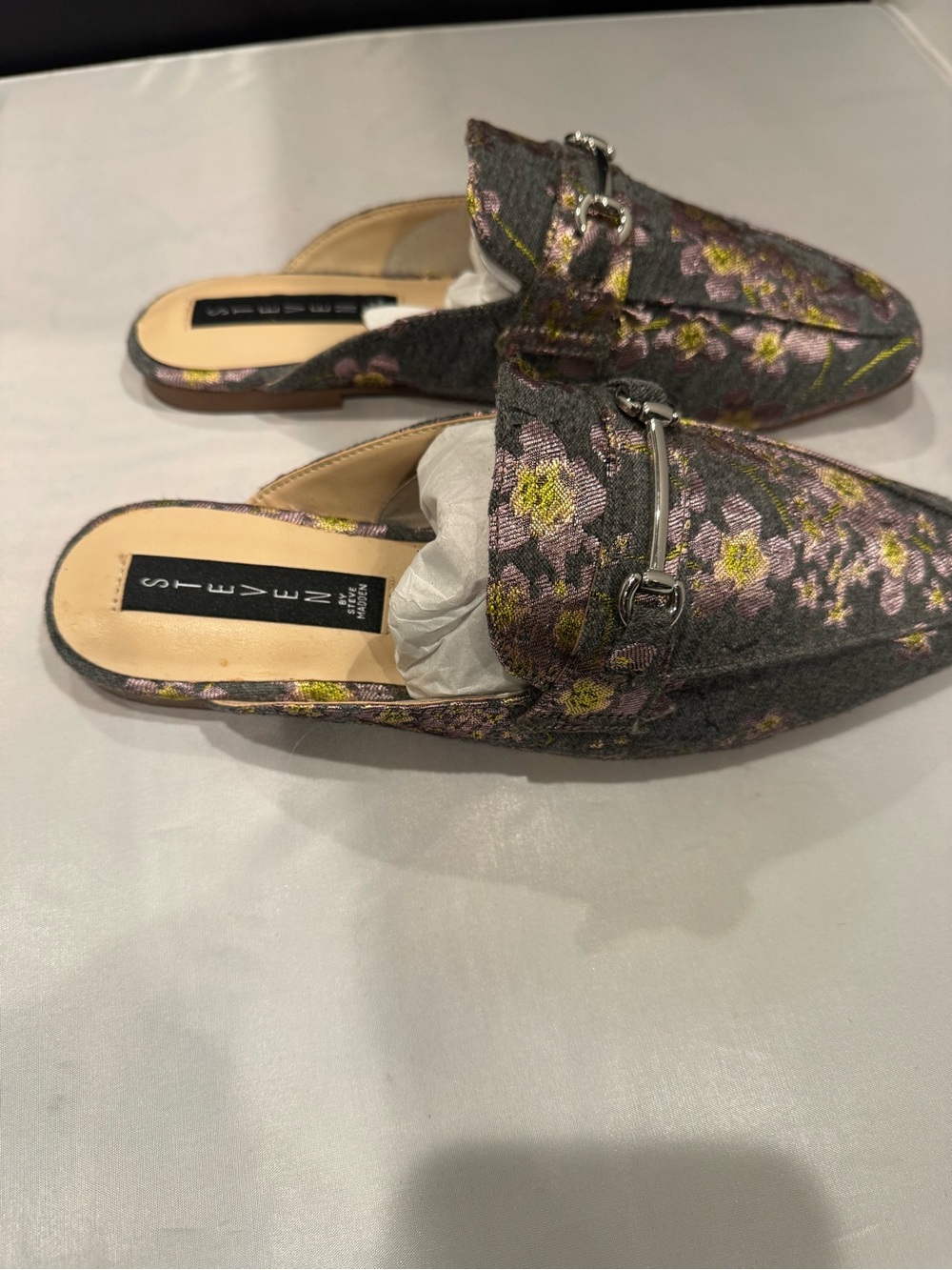 Steve Madden Metallic Gray Floral Mule Loafers